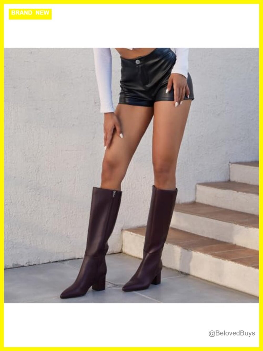 Women's Knee High Boots Chunky Low Heel Pointed Toe Tall Faux PU Leather - Picture 5 of 6